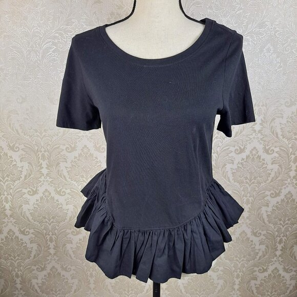 Maeve by Anthropologie Size S Black Short Sleeve Tshirt Asymmetric Ruffle Hem - Picture 1 of 11